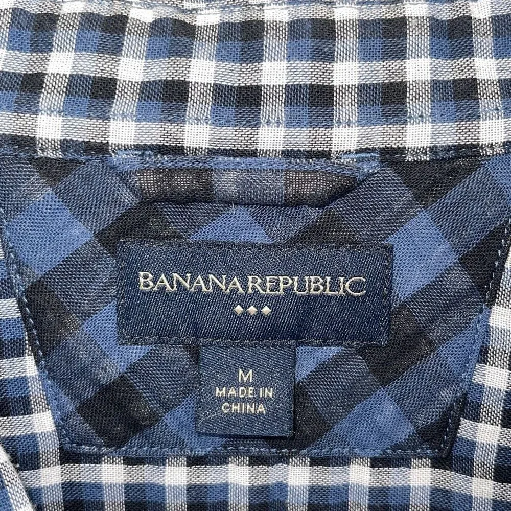 Banana Republic Mens Plaid Cotton Snap Button Long Sleeve Shirt‎ Blue Medium